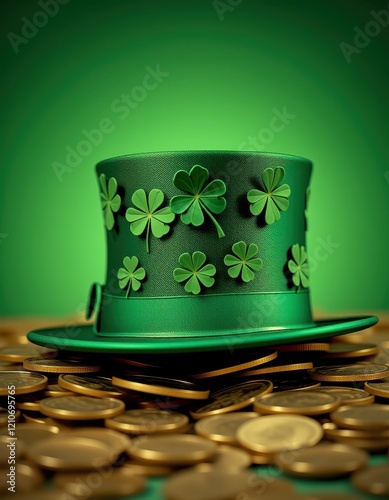 Green hat decorated with shamrocks on a pile of gold coins for St. Patrick's Day celebration photo