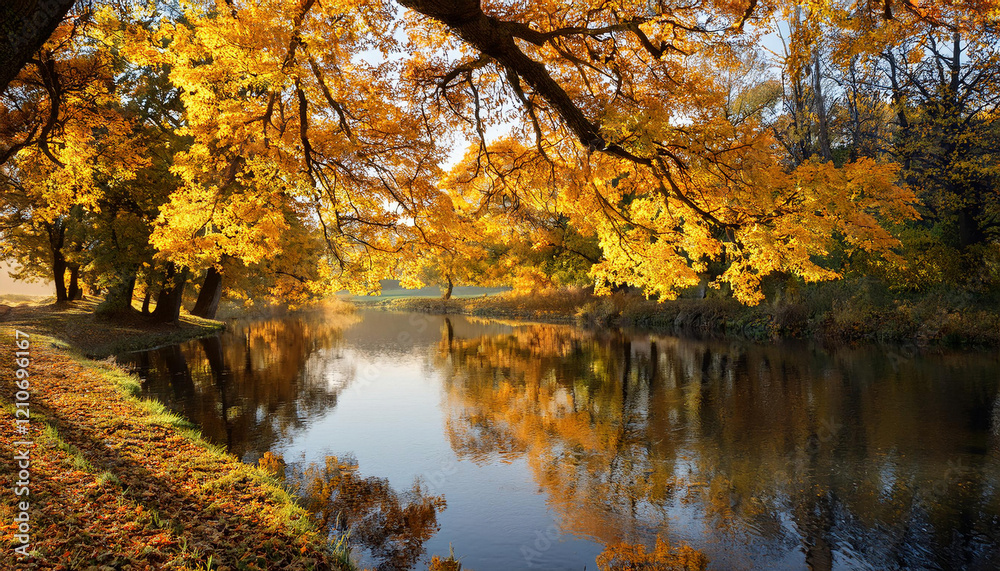 Golden autumn trees reflect perfectly in the calm river water creating a mirror-like effect on a peaceful fall day. Golden autumn trees reflect perfectly in the calm river water creating a mirror-like effect on a peaceful fall day.