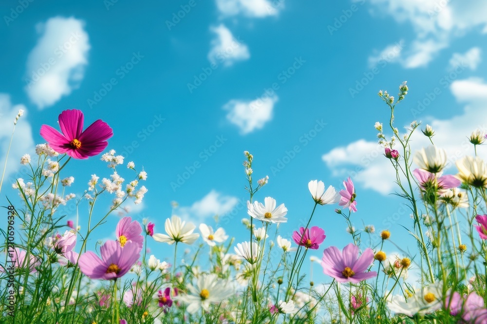 A vibrant wildflower meadow in full bloom under a bright blue sky A vibrant wildflower meadow in full bloom under a bright blue sky