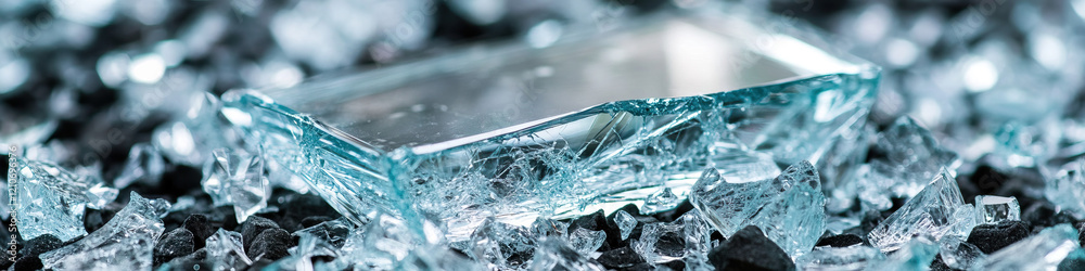 Shattered Tempered Glass Pane on Debris Shattered Tempered Glass Pane on Debris