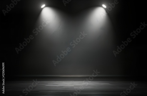 Empty room with dark grey walls  wooden floor. Two spotlights illuminate dramatic  mysterious atmosphere. Minimalist  modern design. Great for interior design  studio background photos. Perfect for
