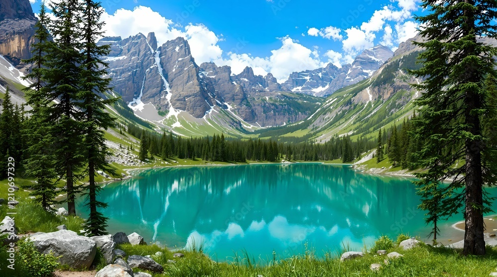 Beautiful landscape with green field and wild tulips under blue cloudy sky. Neural network AI generated art