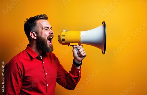 Man wearing red shirt shouts into yellow megaphone against orange background. Man beard, expression shows loud communication. Scene conveys strong message announcement. Image suits concepts like photo