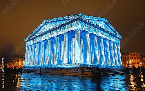 Illuminated Parthenon replica at night, reflecting in wet ground. photo