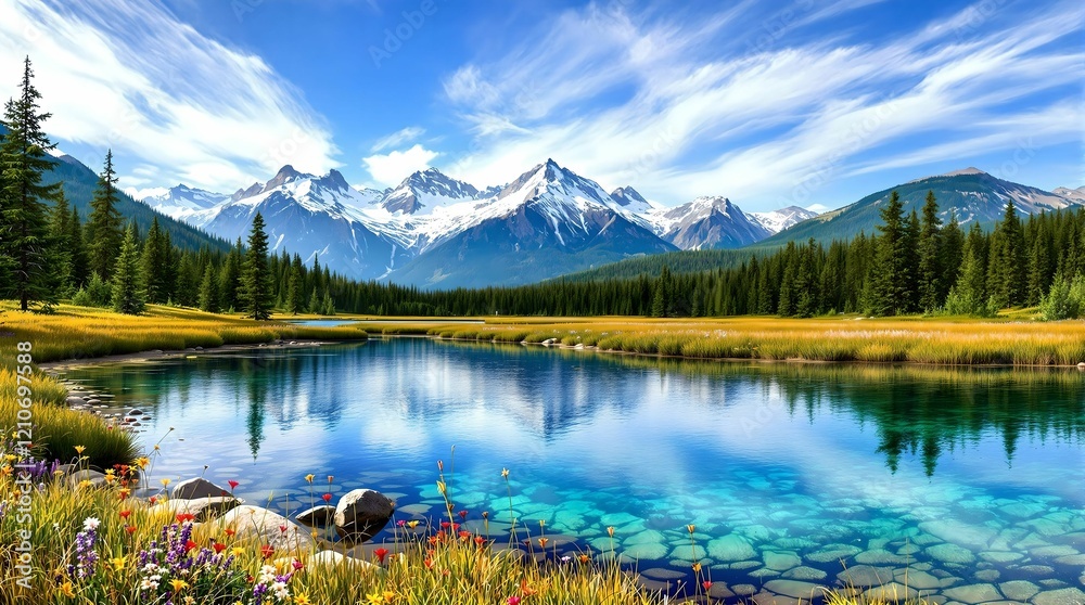 Beautiful landscape with green field and wild tulips under blue cloudy sky. Neural network AI generated art