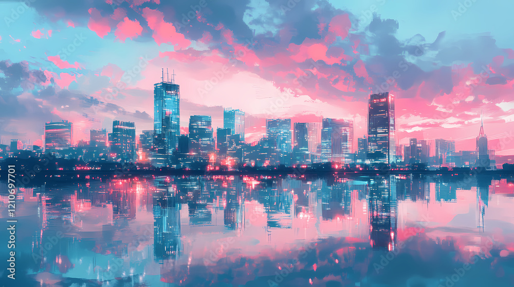 Fototapeta premium A cityscape reflected in a river under an azure dusk sky, with soft pink hues blending into the horizon. Sapphire River. Illustration