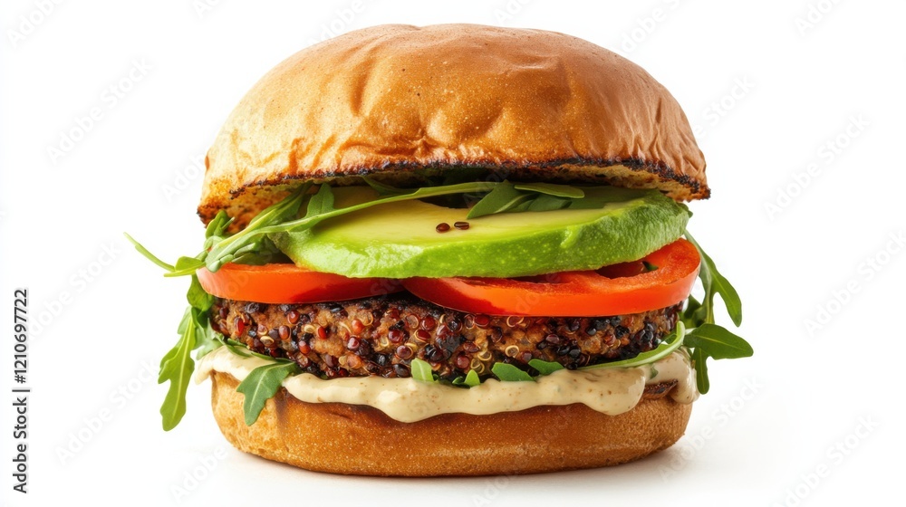 A gourmet veggie burger with a flavorful quinoa patty, sliced avocado, roasted red pepper A gourmet veggie burger with a flavorful quinoa patty, sliced avocado, roasted red pepper