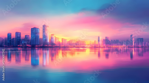 Wallpaper Mural A cityscape reflected in a river under an azure dusk sky, with soft pink hues blending into the horizon. Sapphire River. Illustration Torontodigital.ca