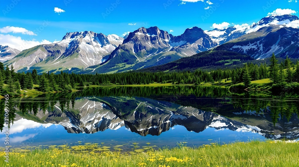 Beautiful landscape with green field and wild tulips under blue cloudy sky. Neural network AI generated art