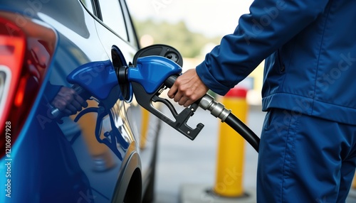 Person refuels blue car at gas station. Driver fills vehicle with diesel fuel. Fueling process ensures engine readiness, vehicle performance. Guarantees safe driving. Efficient, dependable fueling.