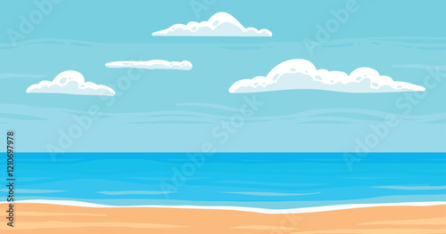 Cartoon summer beach. Paradise nature vacation, ocean or sea seashore. Seaside landscape, tropical beach relax or seaside landscape. Vector background illustration