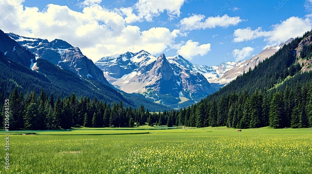 Beautiful landscape with green field and wild tulips under blue cloudy sky. Neural network AI generated art
