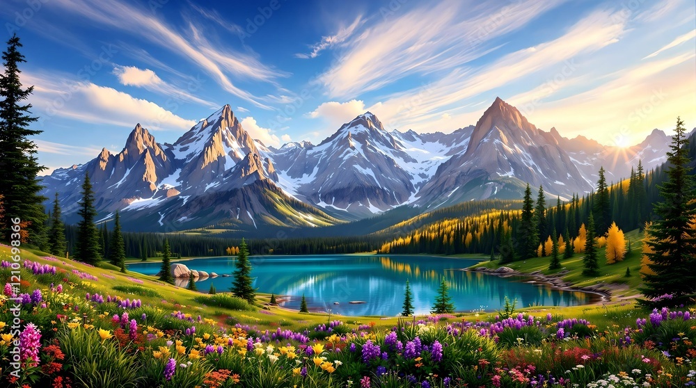 Beautiful landscape with green field and wild tulips under blue cloudy sky. Neural network AI generated art