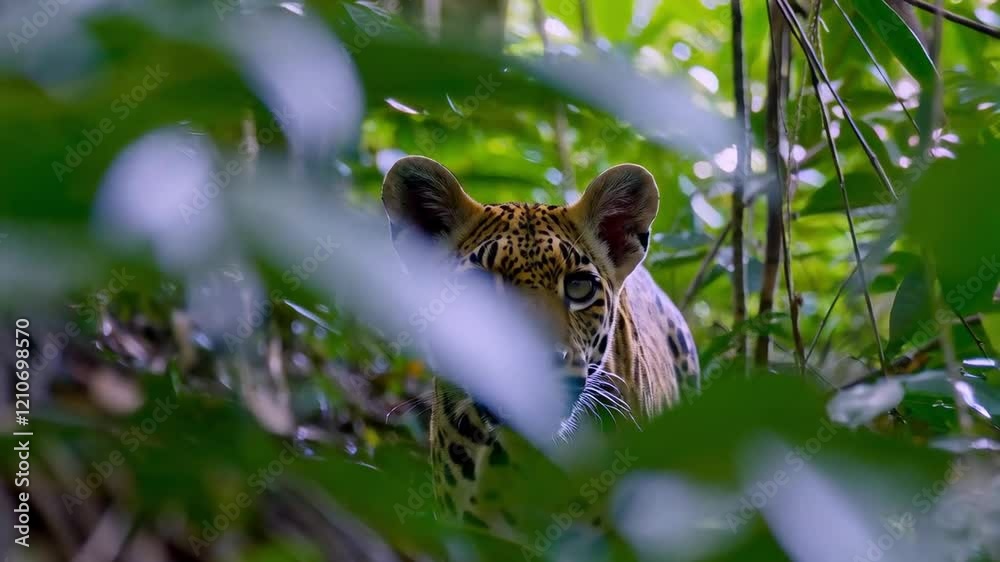 Jaguar Observes Surroundings in Dense Jungle Near River at Dusk in South America Jaguar Observes Surroundings in Dense Jungle Near River at Dusk in South America