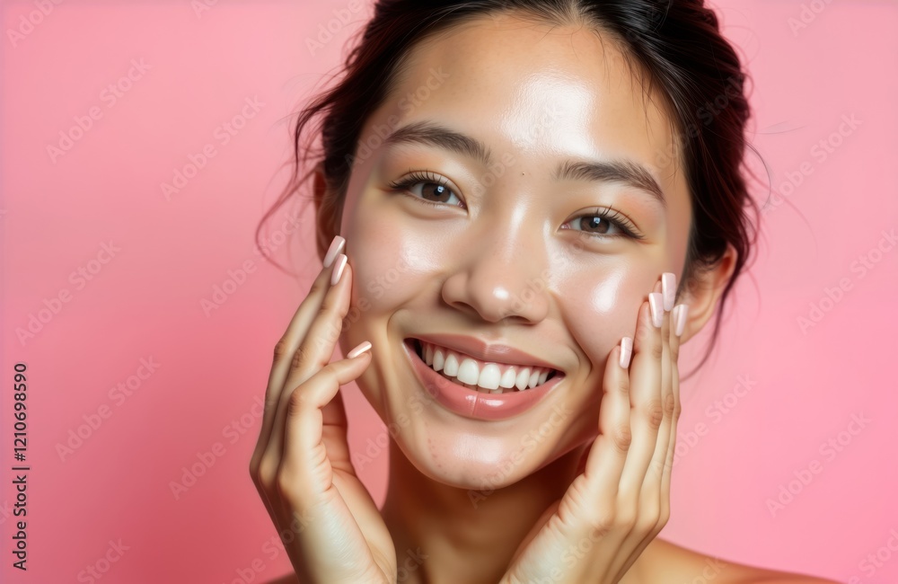 Smiling Asian woman touches glowing hydrated skin. Close-up portrait shows beautiful facial skin care. Woman looks happy, healthy. Natural makeup enhances features. Studio shot against pink Smiling Asian woman touches glowing hydrated skin. Close-up portrait shows beautiful facial skin care. Woman looks happy, healthy. Natural makeup enhances features. Studio shot against pink