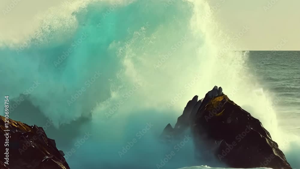 Waves crashing against rocky coastline under a clear sky at sunset in an ocean landscape