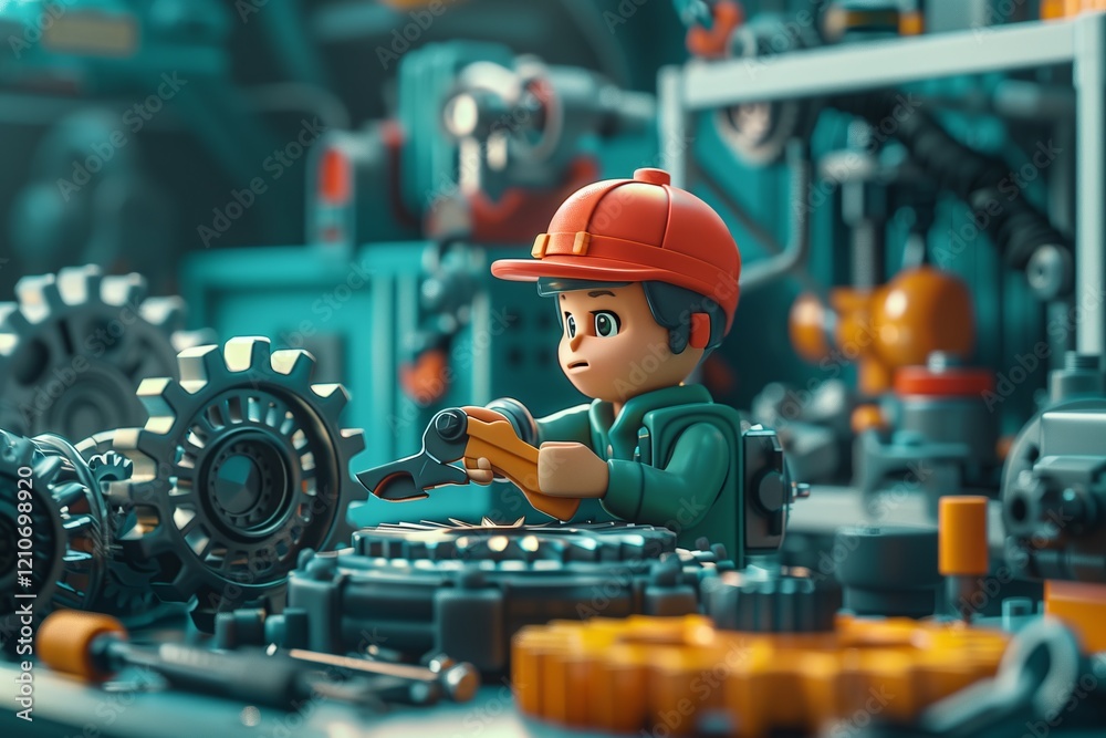 Fototapeta premium A young boy works diligently in a colorful mechanical workshop with intricate gears.