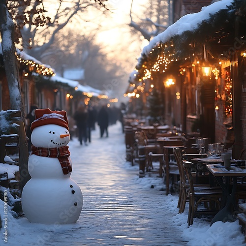Snowman on snowy street at Christmas market.
