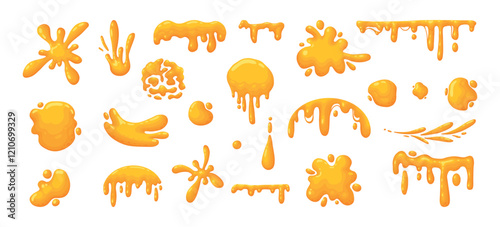 Cartoon honey splashes. Sweet syrup dripping spots, melting liquid honey spots flat vector illustration set. Sticky honey drops on white background