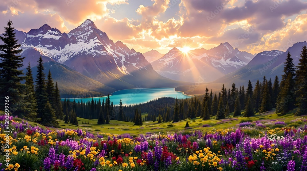 Beautiful landscape with green field and wild tulips under blue cloudy sky. Neural network AI generated art