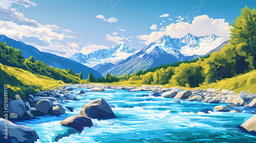 Azure river in caucasus mountains. spectacular summer scene of upper svaneti, georgia, europe.beauty of nature concept background. Sapphire River. Illustration photo