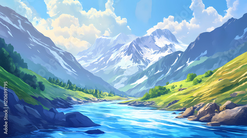 Azure river in caucasus mountains. spectacular summer scene of upper svaneti, georgia, europe.beauty of nature concept background. Sapphire River. Illustration photo