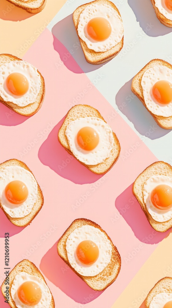playful and visually striking color-block pattern featuring egg toasts arranged in a precise grid playful and visually striking color-block pattern featuring egg toasts arranged in a precise grid