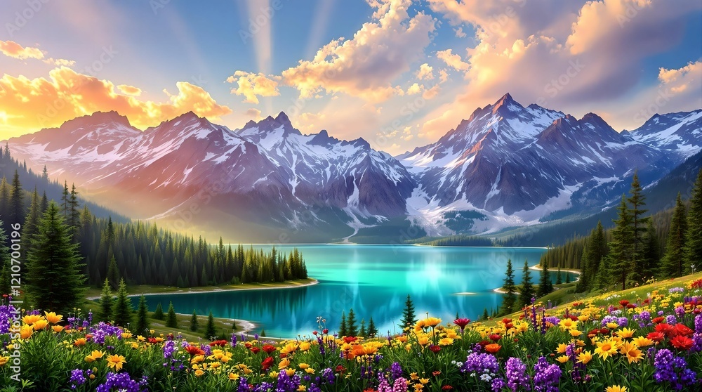 Beautiful landscape with green field and wild tulips under blue cloudy sky. Neural network AI generated art