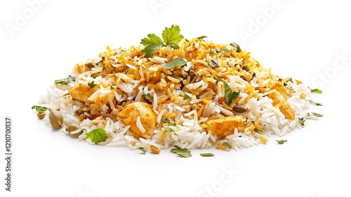 Chicken Biryani with Rice and Spices Isolated Over White Background