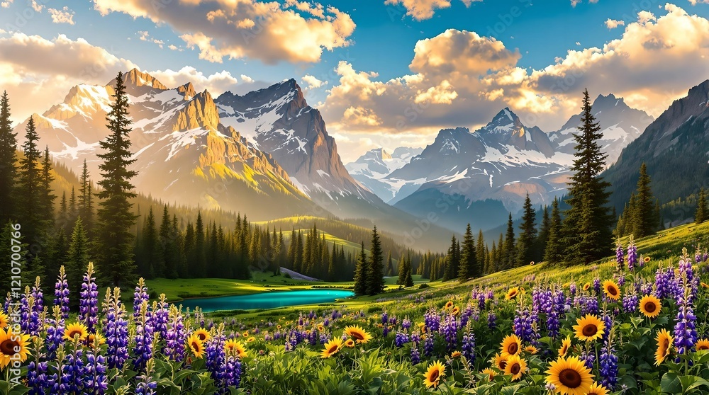 Beautiful landscape with green field and wild tulips under blue cloudy sky. Neural network AI generated art