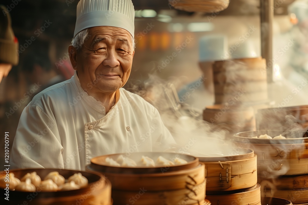 An elderly chef proudly prepares steam dumplings at a bustling food market.