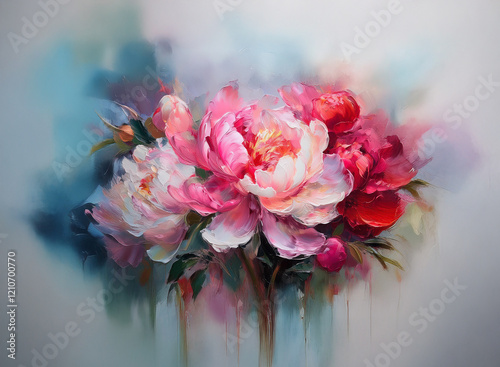 A vibrant painting of pink and red peonies, rendered with impasto brushstrokes against a soft, blurred background of cool blues and grays.  