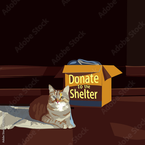Lonely orange tabby cat near donation box, resting on wooden floor in dim lighting. Concept of animal shelter, pet adoption, charity.