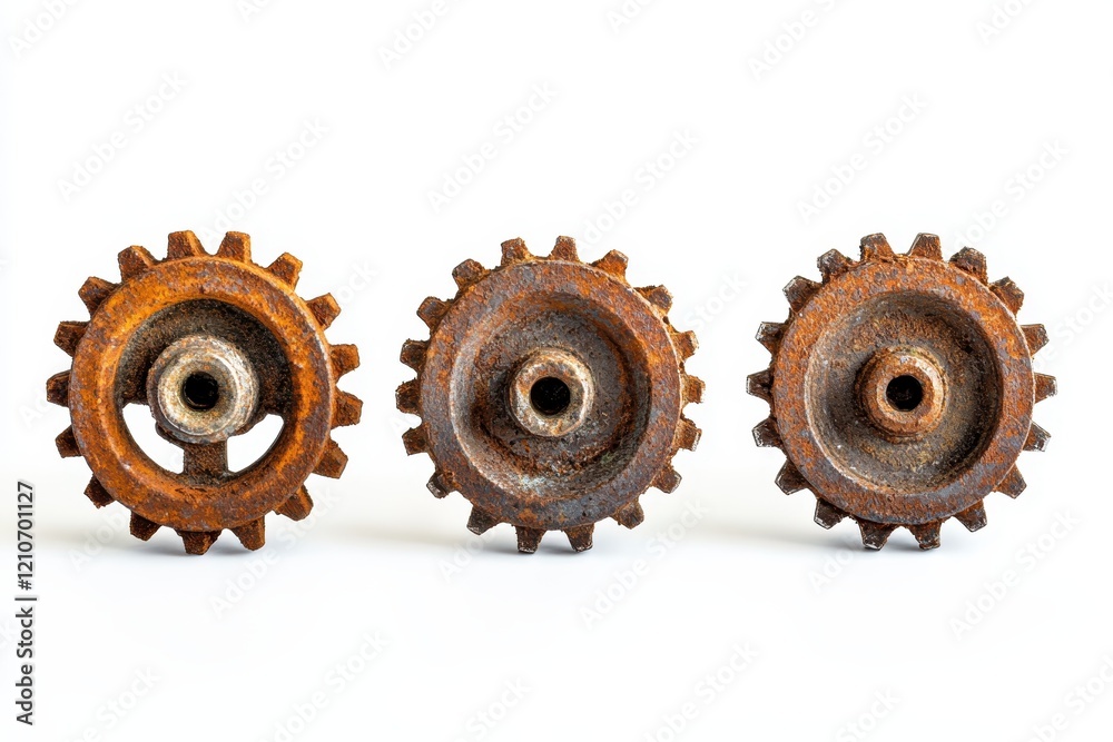 A set of rusty old metal gears each with a different design placed side by side isolated on white background A set of rusty old metal gears each with a different design placed side by side isolated on white background