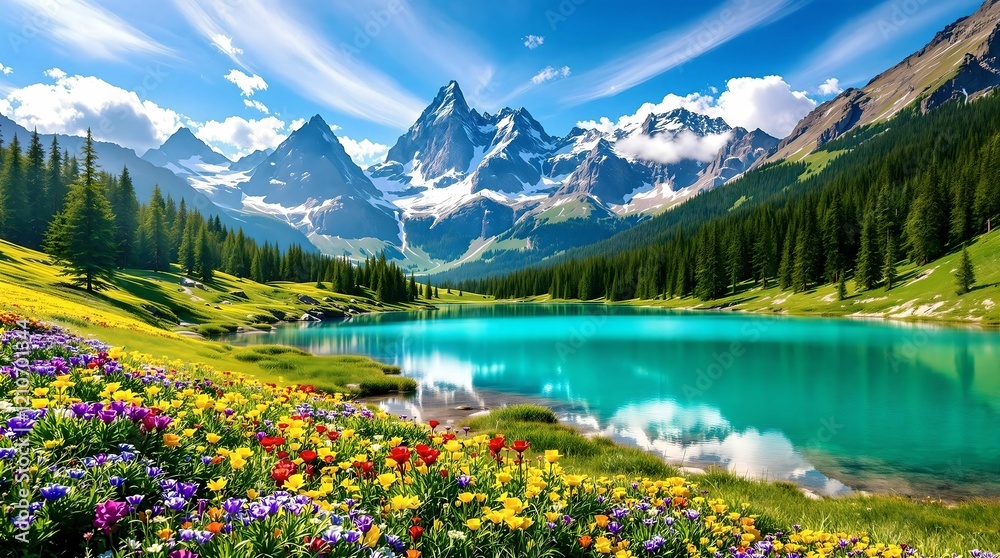 Beautiful landscape with green field and wild tulips under blue cloudy sky. Neural network AI generated art