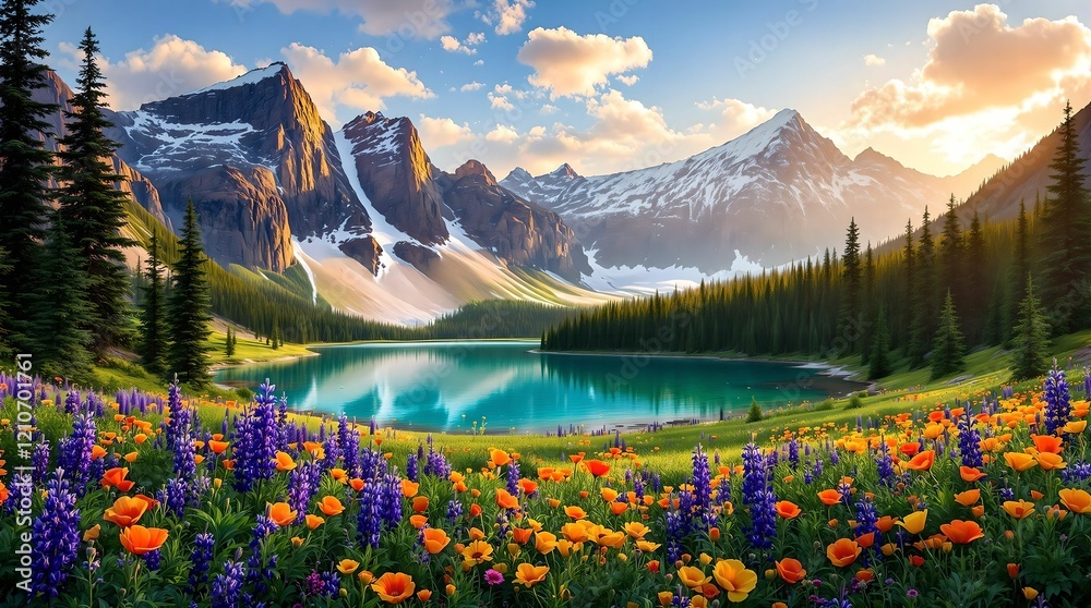 Beautiful landscape with green field and wild tulips under blue cloudy sky. Neural network AI generated art