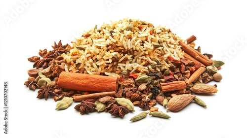 Chicken Biryani with Rice and Spices Isolated Over White Background