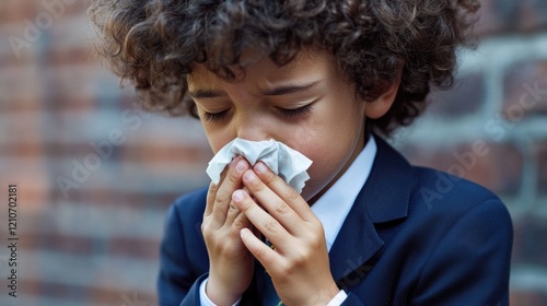 Young boy blowing his nose in a casual setting