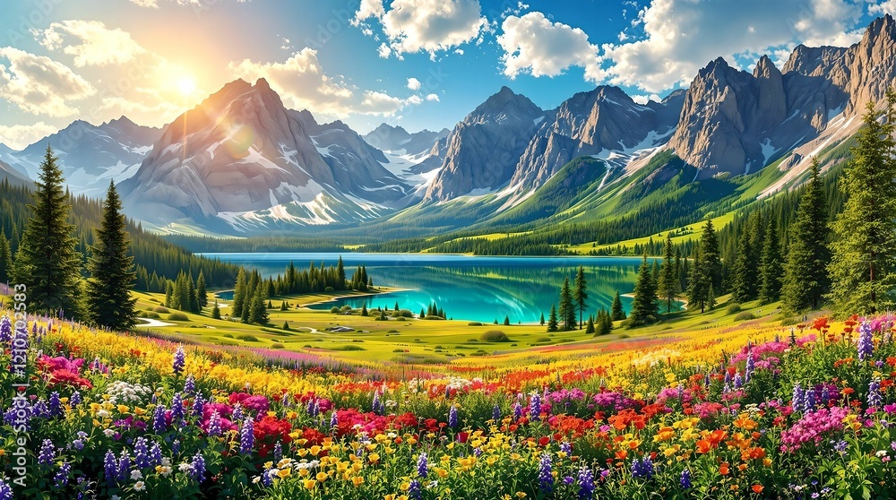 Beautiful landscape with green field and wild tulips under blue cloudy sky. Neural network AI generated art