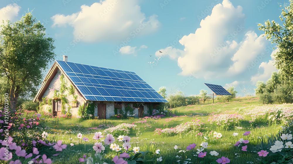 Eco-friendly farm with solar panels and organic fields digital art. Solar Bloom. Illustration