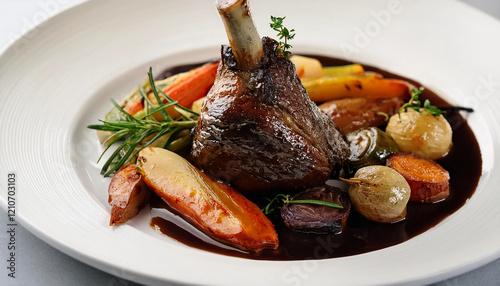 A slow-cooked lamb shank glazed with red wine reduction, served with roasted root vegetables and garnished with fresh thyme on a white plate. Perfect for winter menus, or upscale meat presentations photo