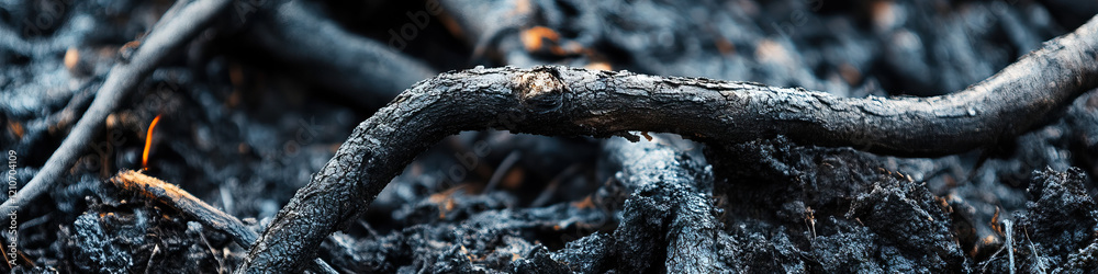 Fototapeta premium Charred Branches and Soil After Fire