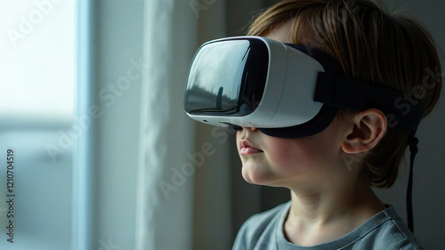 boy in virtual reality glasses standing in the room, space for design or text. concept of present and future, artificial intelligence
