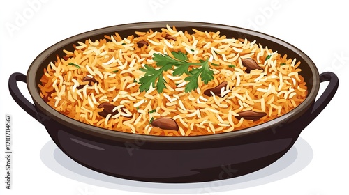 Top View of 32-bit Pakistani Biryani in a Vector Cartoon