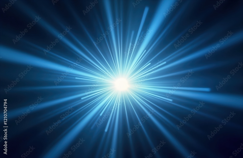 Abstract illustration shows bright glowing center point emitting blue, white rays against dark background. Dynamic rays radiate outwards creating powerful energy effect. Suitable for tech design, Abstract illustration shows bright glowing center point emitting blue, white rays against dark background. Dynamic rays radiate outwards creating powerful energy effect. Suitable for tech design,