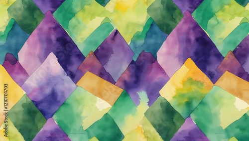 Mardi Gras Geometric Abstract Background, Watercolor 