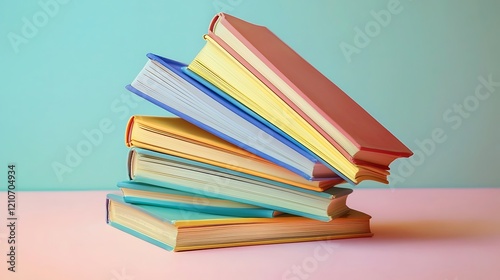Stack vintage novels with multicolored spines leaning on each other