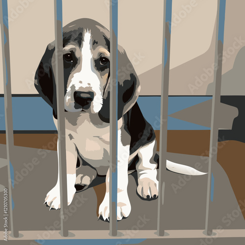 Subdued beagle puppy sitting behind cage bars, white and brown markings visible, somber mood portrait looking at camera. Concept of animal shelter, pet rescue, adoption services