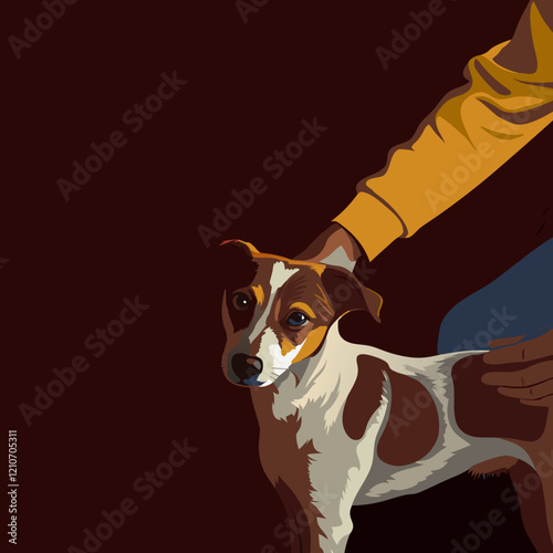 Small dog standing with person's comforting touch, brown and white puppy looking at camera with trust, warm maroon background. Concept of pet care, animal training, dog grooming.

