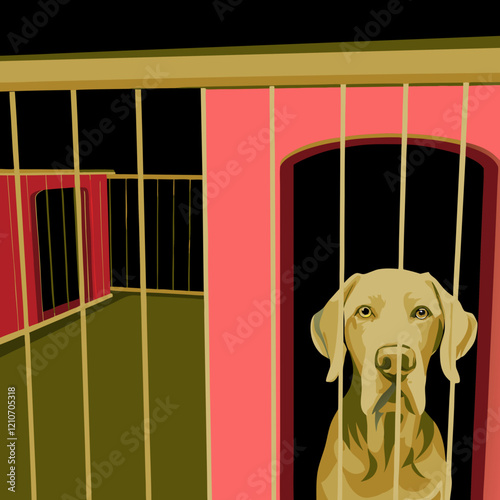 Melancholic brown dog sitting in kennel, resting on pink and gold toned floor, artistic portrait showing emotional expression. Concept of animal boarding, pet care services, veterinary facilities